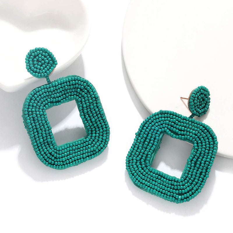 Boderier Beaded Drop Earrings Bohemian Wire Wrapped Beaded Square Hoop Dangle Statement Earrings (Blue) - Image 3